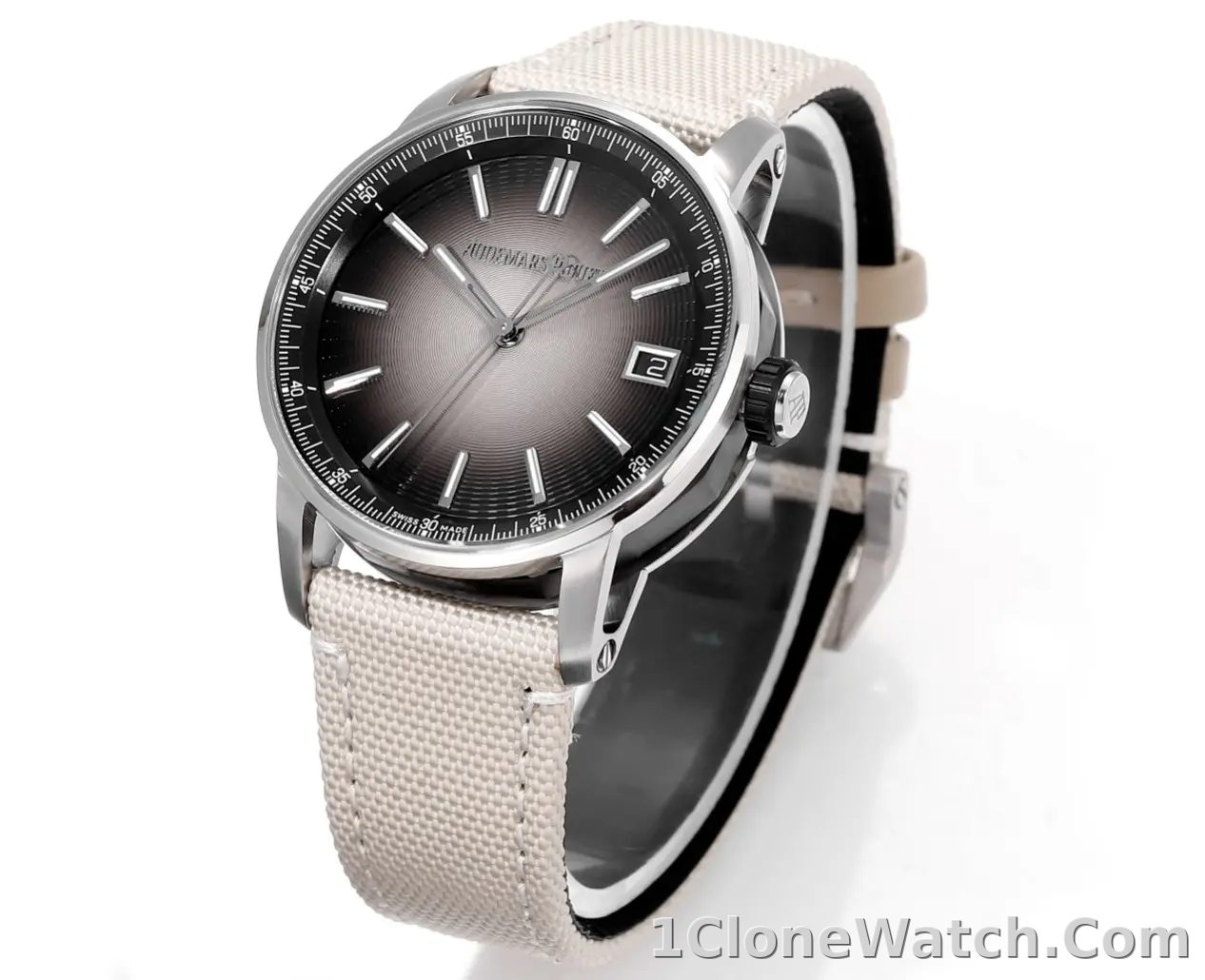 watch Audemars Piguet CODE 11.59 Stainless Steel Watch with Smoked Dial and Beige Fabric Strap, 41mm - detail