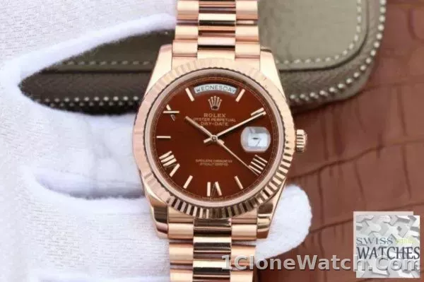 ROLEX DAY DATE BROWN DIAL 18K ROSE GOLD 40MM SWISS REPLICA 228235.9 - detail