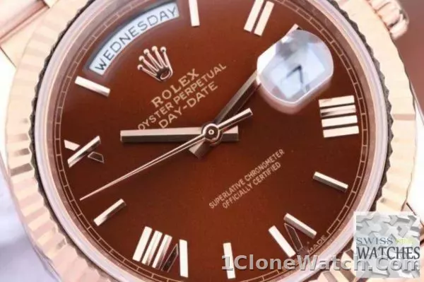 ROLEX DAY DATE BROWN DIAL 18K ROSE GOLD 40MM SWISS REPLICA 228235.9 - detail