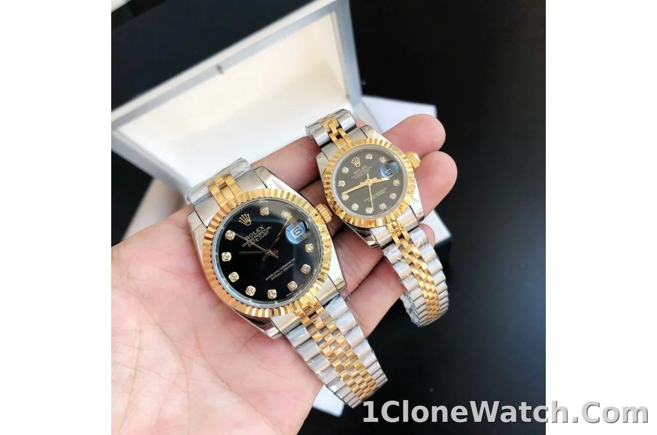 Couple Watches Rolex Datejust 36/28mm RG/SS Jub Black/Dia