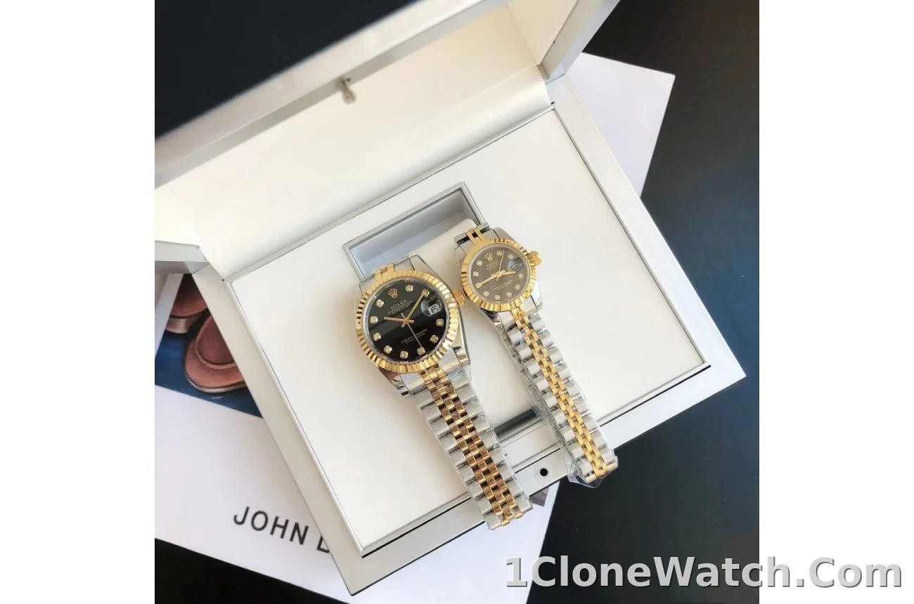 Couple Watches Rolex Datejust 36/28mm RG/SS Jub Black/Dia - detail