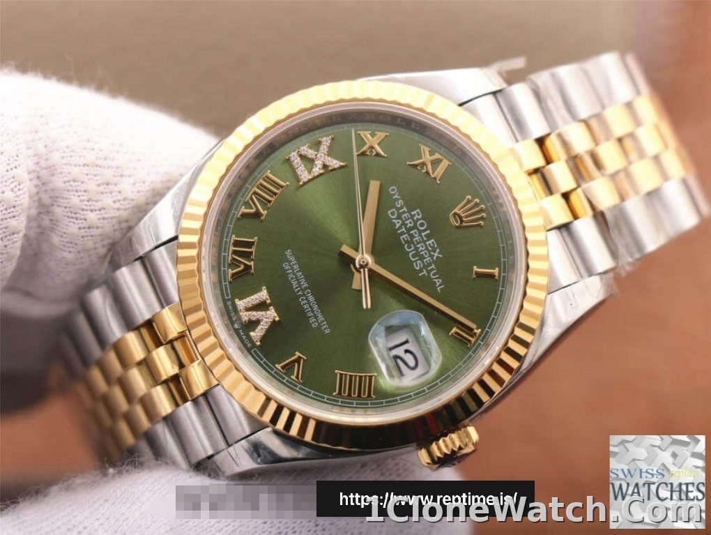 ROLEX DATEJUST GREEN DIAL 18K YELLOW GOLD 36MM SWISS REPLICA m126233.0025 - detail