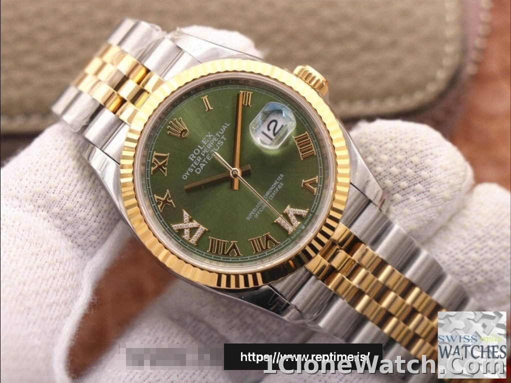 ROLEX DATEJUST GREEN DIAL 18K YELLOW GOLD 36MM SWISS REPLICA m126233.0025 - detail