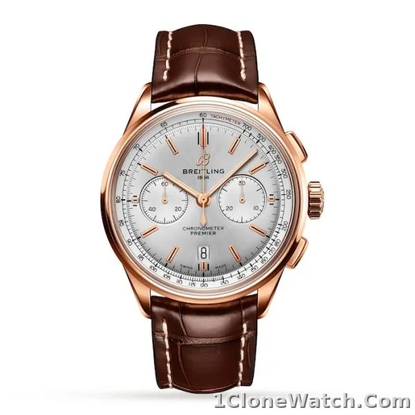 Breitling Premier Men Automatic Silver Alligator Watch RB0118371G1P1