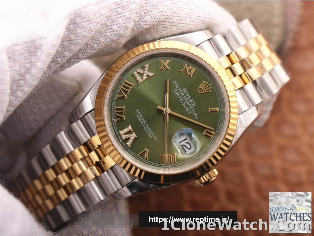 ROLEX DATEJUST GREEN DIAL 18K YELLOW GOLD 36MM SWISS REPLICA m126233.0025 - detail