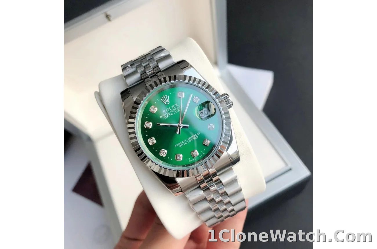 Couple Watches Rolex Datejust 36/28mm SS/SS Jub Green/Dia - detail