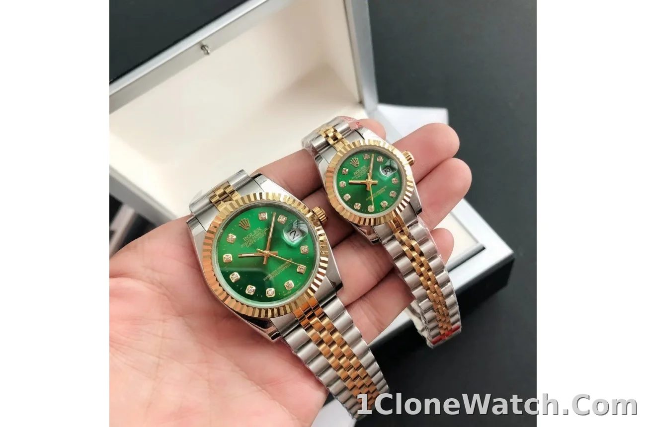 Couple Watches Rolex Datejust 36/28mm RG/SS Jub Green/Dial